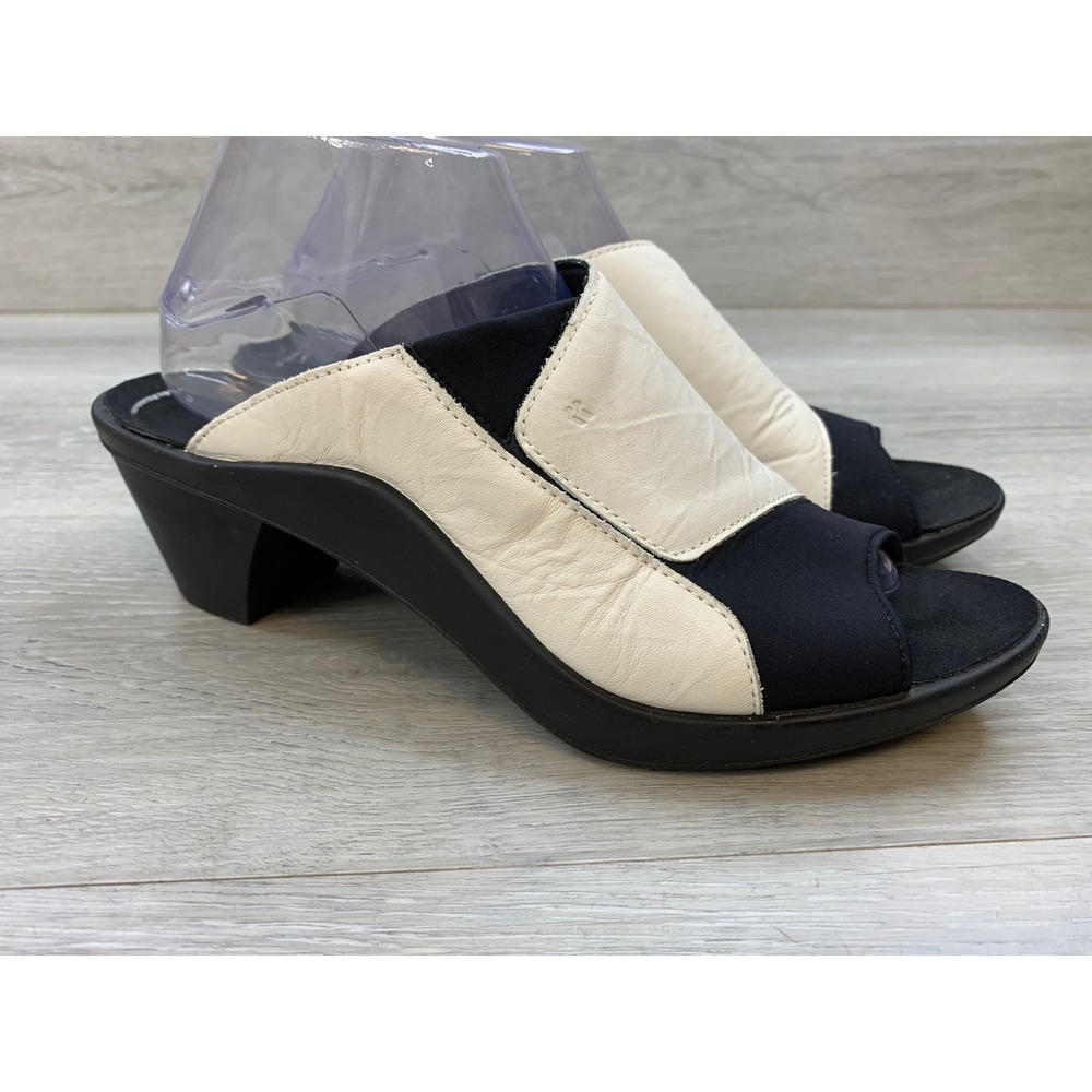 Romika Mules Cream Black Leather Textile Block Heel Sandals Women's 9 Shoes